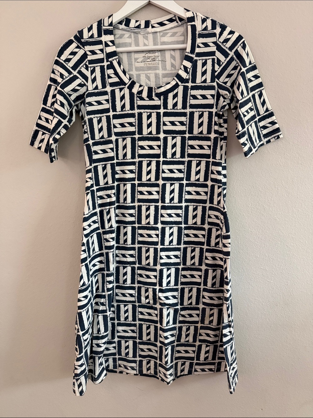 MAHI GOLD Navy Blue White Geometric Classic Shift Dress Size XS Cotton - [1208]